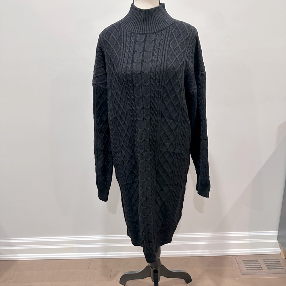 ESQUALO Black Turtleneck Sweater dress with Textured Knit